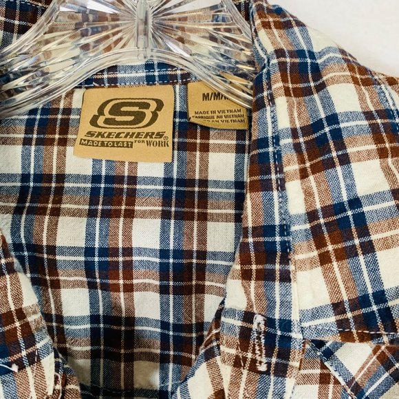 Skechers Plaid Pearl Snap Western Shirt Sz M Work Flap Pockets Short Sleeve Norm - Picture 7 of 12